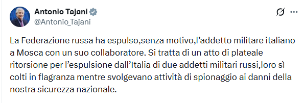La Russia espelle addetto militare italiano. Taiani: Atto di plateale ritorsione